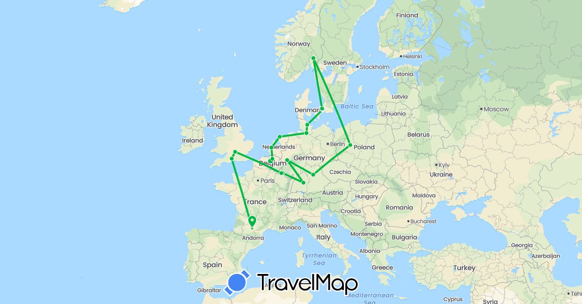 TravelMap itinerary: bus in Belgium, Germany, Denmark, France, United Kingdom, Luxembourg, Netherlands, Norway, Poland (Europe)